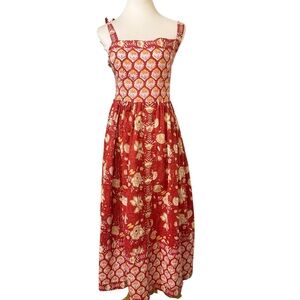 Block Print Red Floral Maxi Sundress with Square Neck